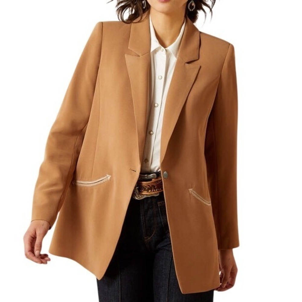 Ariat Womens Brown Tan Southwest Western Lined Single Button Blazer Jacket L